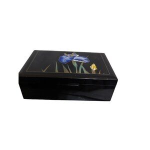 Vintage black lacquer plastic trinket jewelry box floral  5x3x2 inches  mirror
